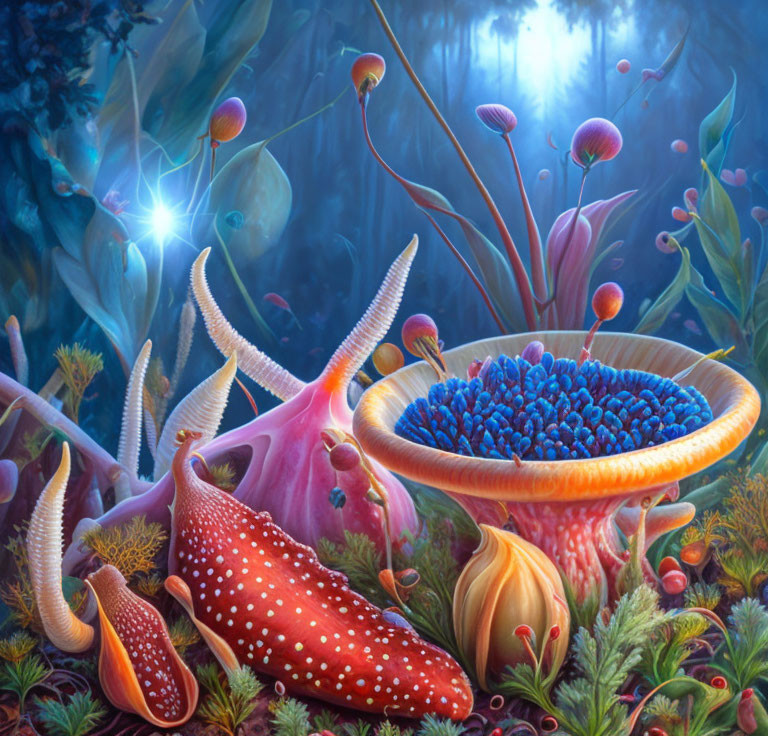 Surrealistic alien landscape with vibrant plants and fungi