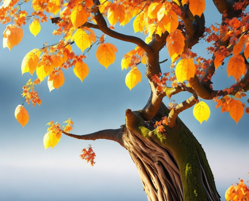 Vibrant autumn tree with fiery orange leaves against soft blue sky