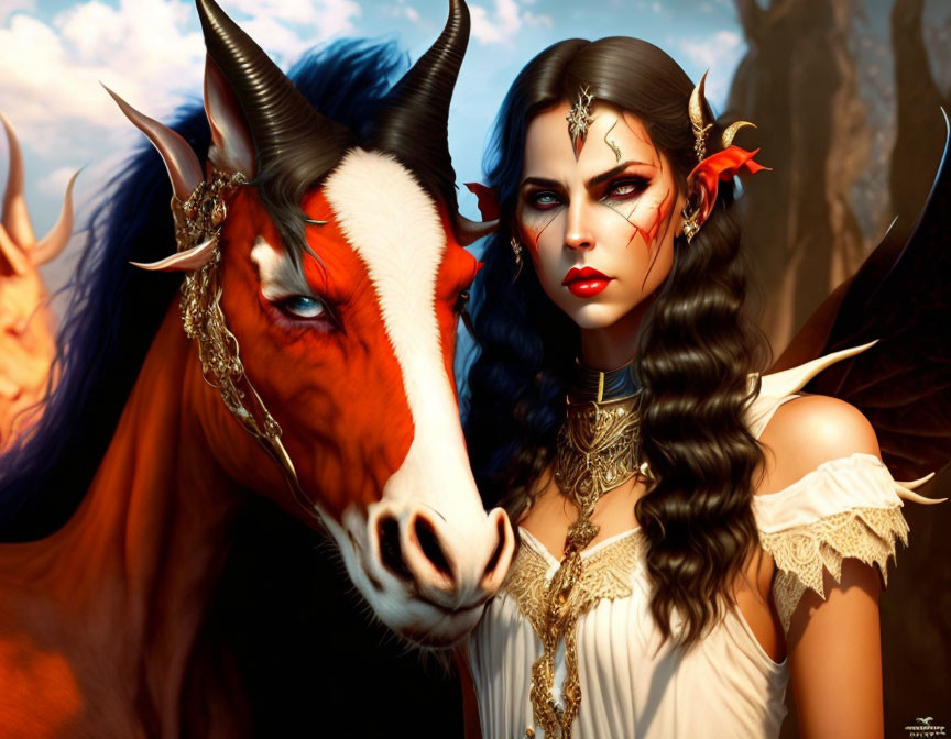 Fantasy digital artwork of woman with intricate makeup and jewelry beside majestic horned horse against dramatic sky