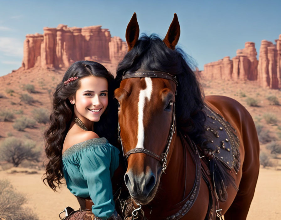 Smiling woman in teal dress with brown horse in desert landscape