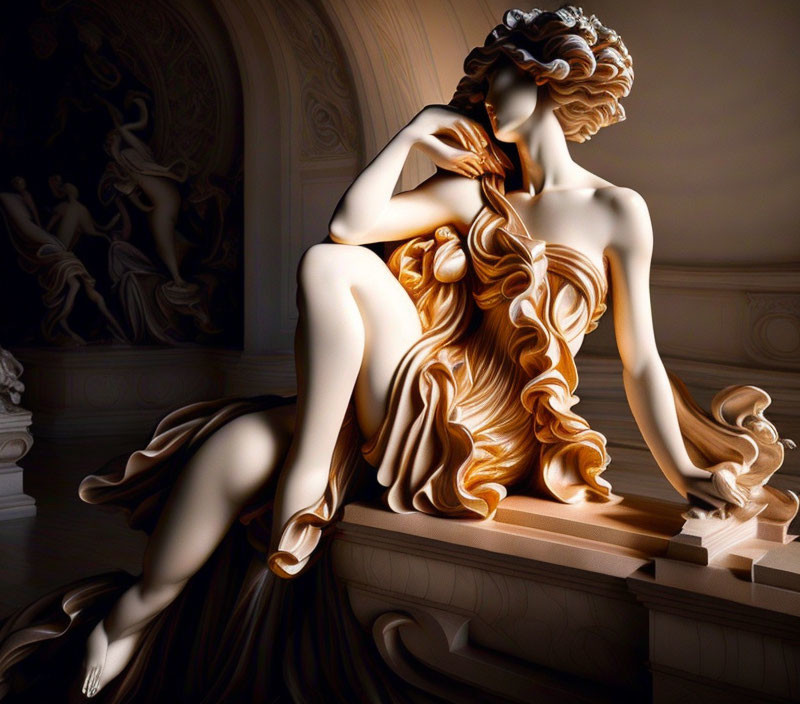 Digital illustration: statuesque woman with golden hair on marble steps.