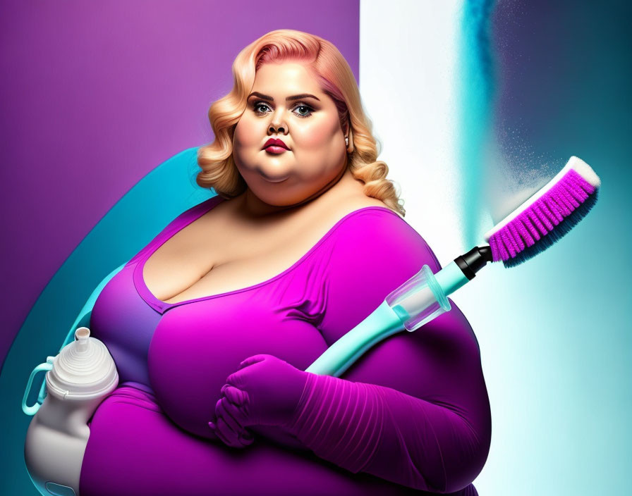 Stylized image: Plus-sized woman with blonde hair in purple outfit holding toothbrush