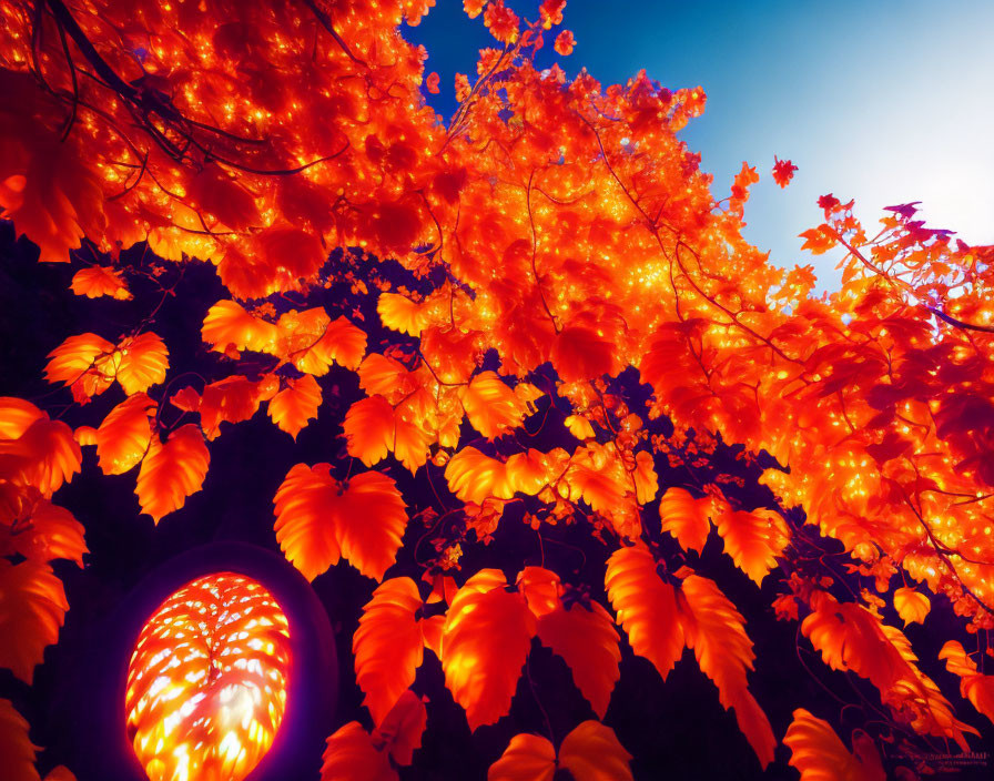 Colorful autumn leaves under blue sky with sunlight and ornate structure