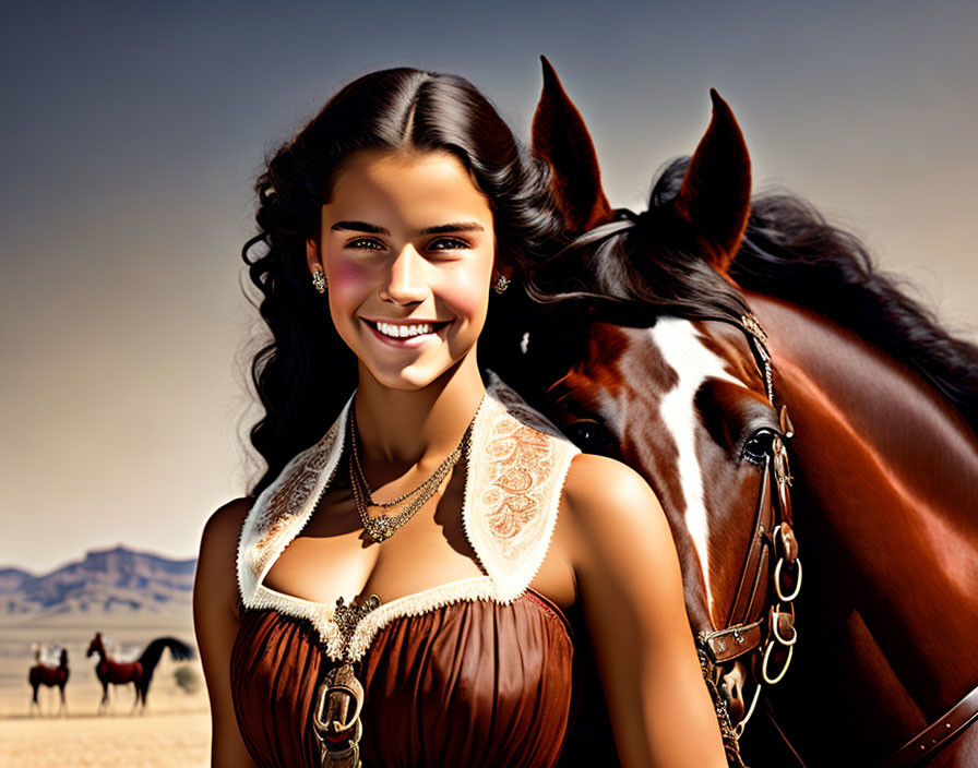 Smiling woman with braided hair near horse and riders