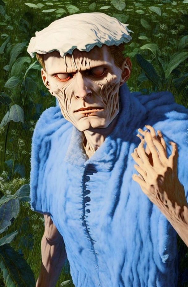 Fantasy creature with pale skin, red eyes, and blue cloak in forest