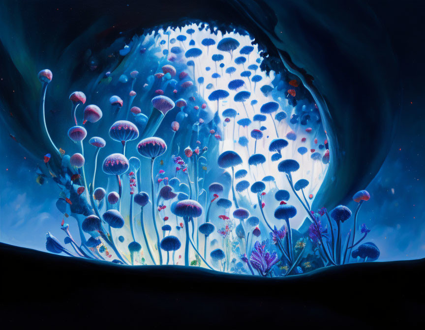 Surreal blue and white mushroom forms under celestial canopy.