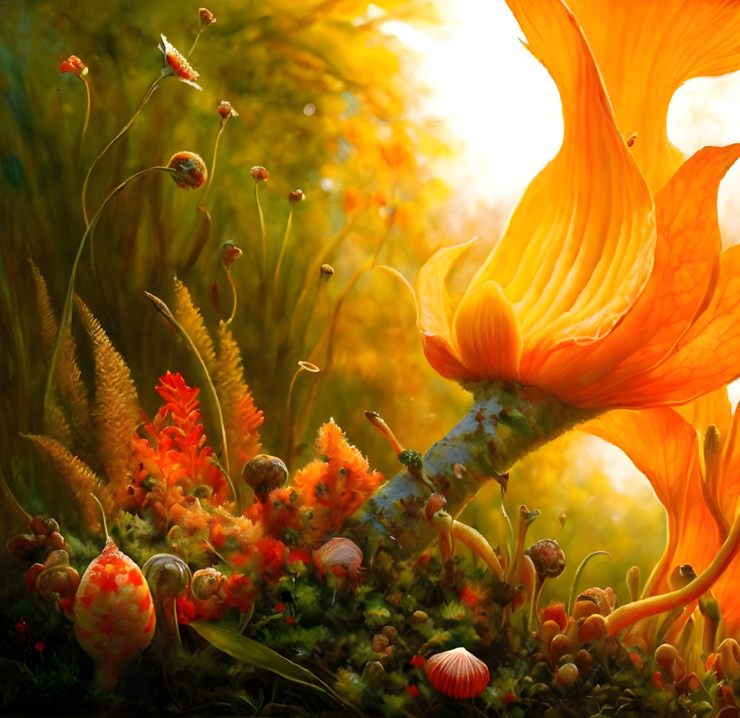 Colorful painting: Oversized orange flower and lush plants in golden light