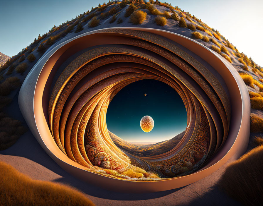 Surreal looped hills in desert landscape under starry sky