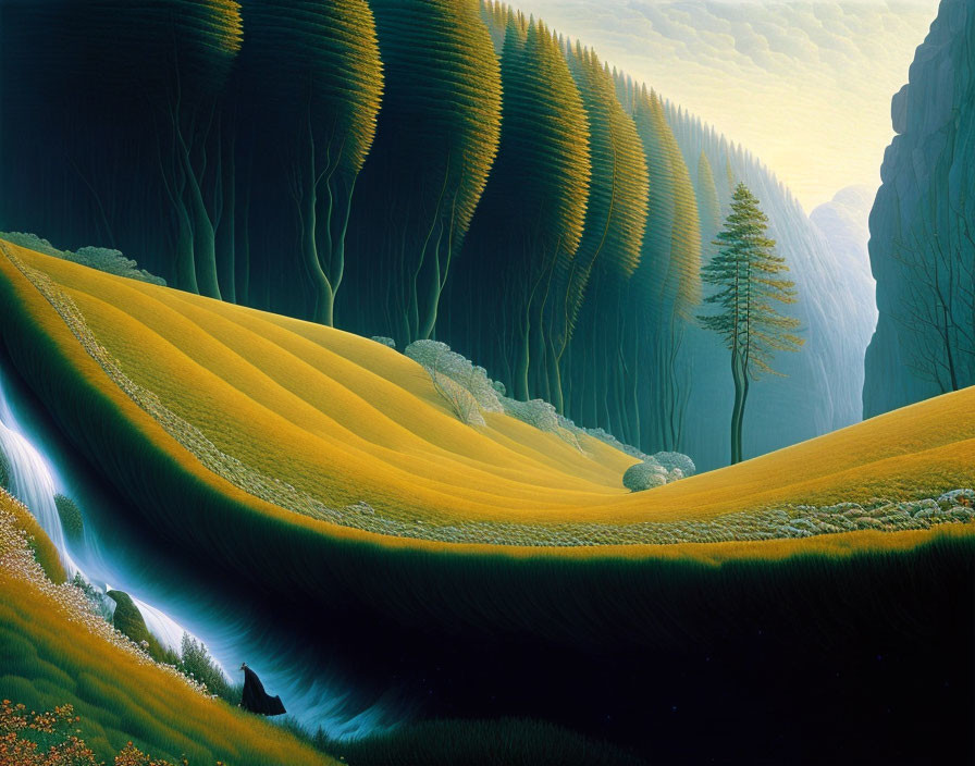 Surreal landscape: lush yellow hills, lone tree, waterfall, slender forest at dawn or dusk