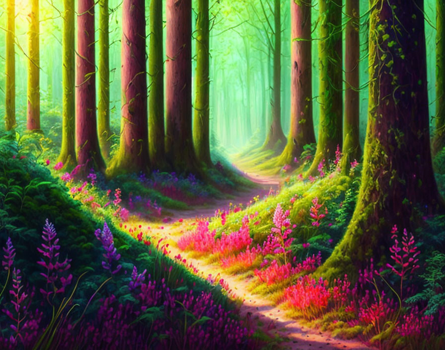 Scenic forest path with colorful flowers and towering trees