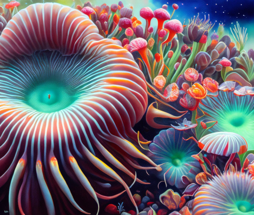 Colorful underwater scene with anemones, coral, and fish in a psychedelic marine ecosystem