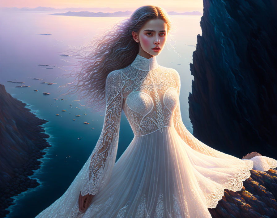 Ethereal woman in white gown on cliff at sunset