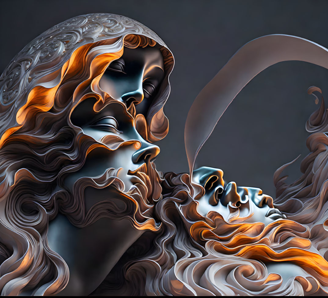 Stylized surreal faces artwork with flowing hair on dark background