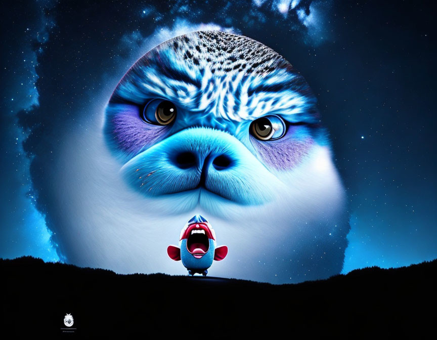 Surrealist artwork: Giant cat face with starry sky texture and small screaming cartoon character.