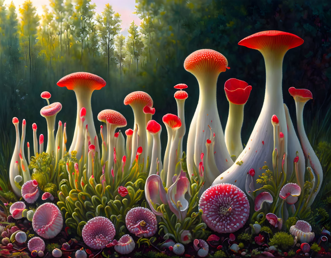 Colorful Mushroom Forest Painting with Whimsical Style