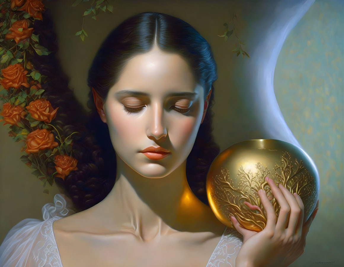 Serene woman holding golden orb with roses and wispy apparition in background