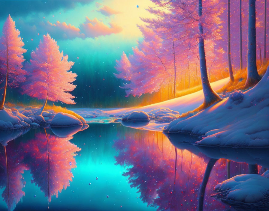 Surreal landscape with pink trees, blue river, and sunset sky