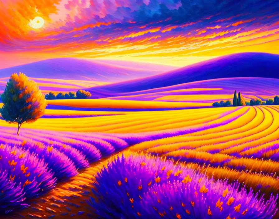 Lavender Field Sunset Painting with Rolling Hills and Tree