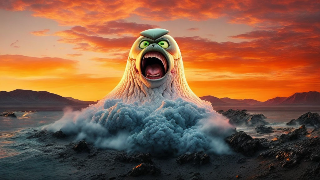 Bird-like animated character over volcanic eruption at sunset