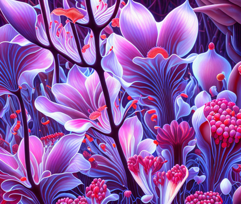 Colorful digital artwork: stylized purple, blue, and pink flora with detailed textures