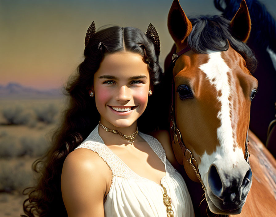 Young girl with cat ear headband smiles next to brown horse in field and sky scene