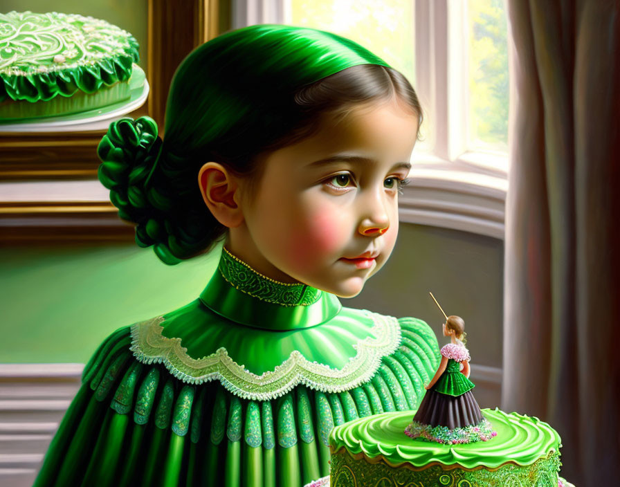 Digital painting: Young girl in green vintage dress gazes out window with miniature figure on cake.