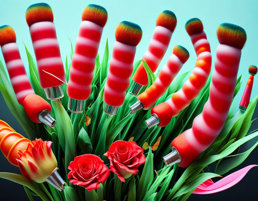 Colorful Tulip-Inspired Makeup Brushes Among Flowers