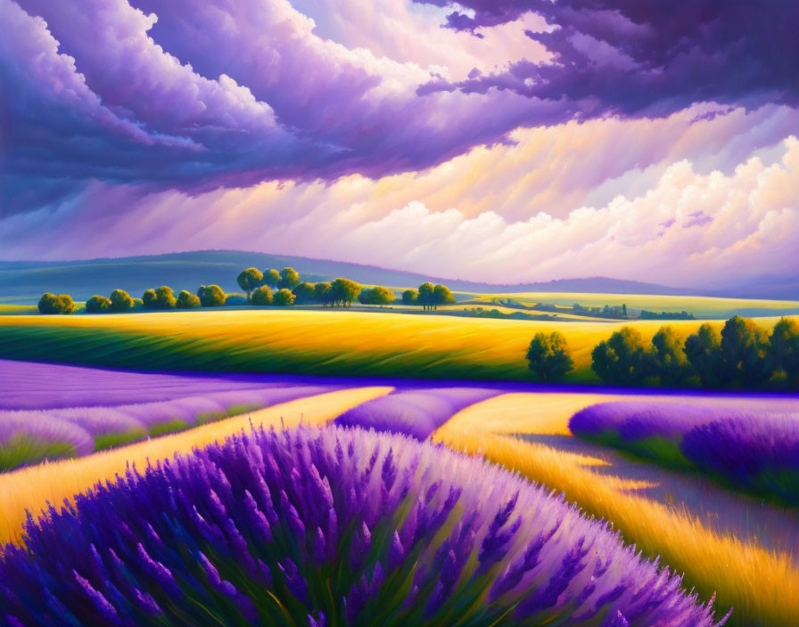 Colorful landscape painting: lavender field under purple sky