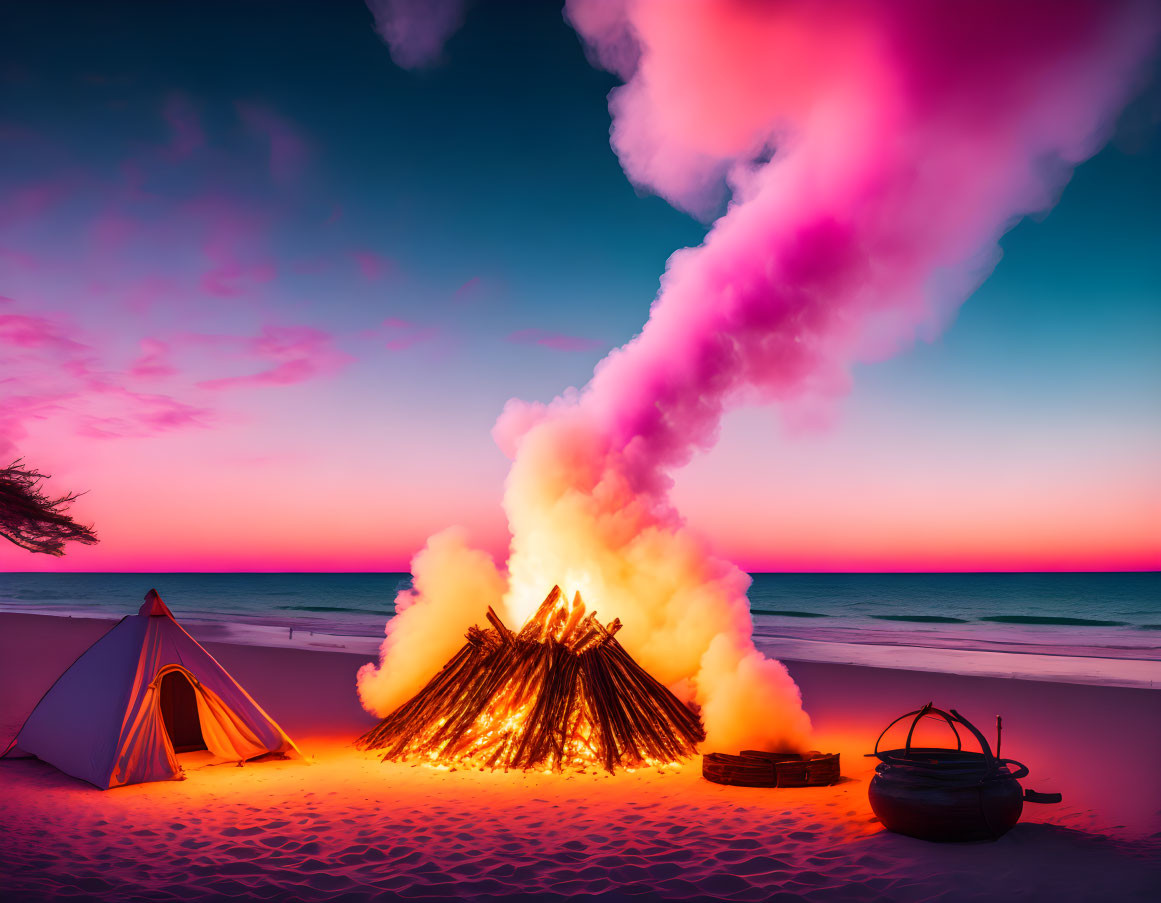 Colorful sunset beach scene with bonfire, tent, kayak, and lifebuoy