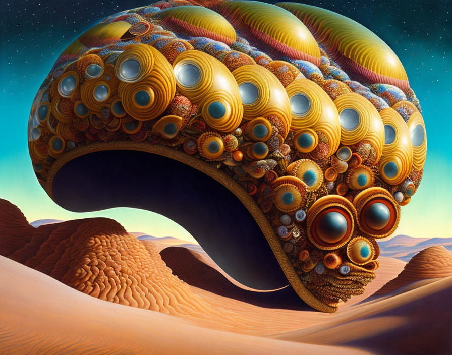 Colorful Helmet-Shaped Structure in Surreal Desert Landscape