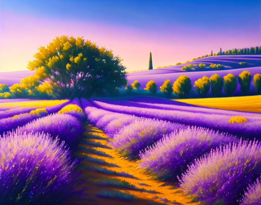 Lavender Field Painting: Sunset Scene with Purple Flowers & Solitary Tree