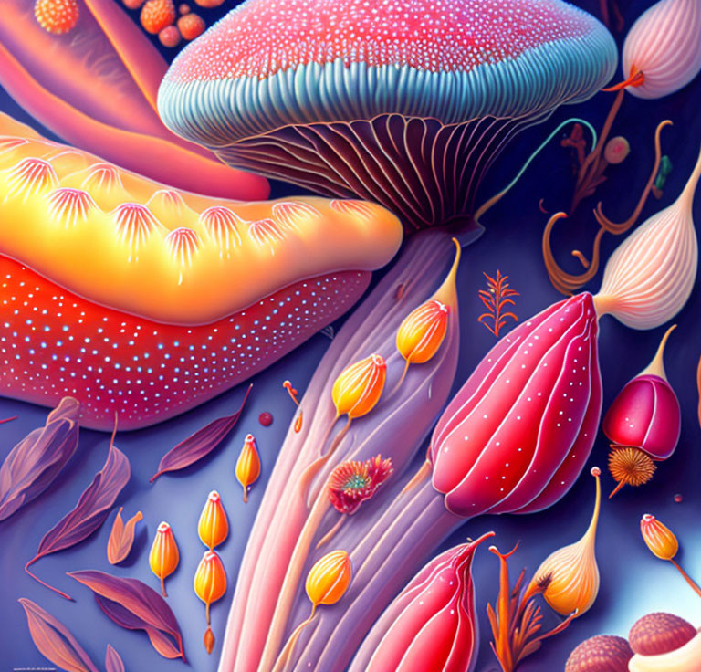 Colorful digital illustration of oversized mushrooms and plants in a fantastical scene.