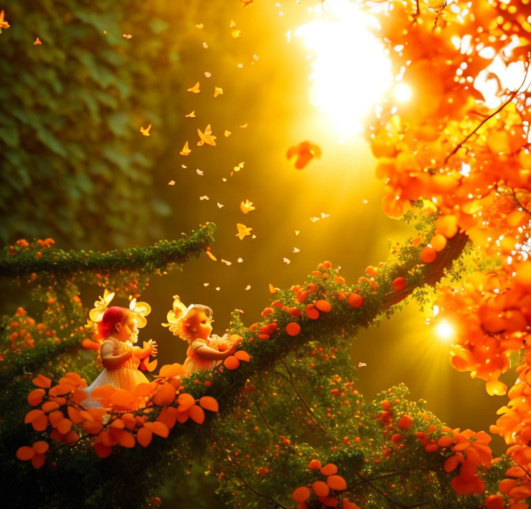 Animated fairy characters in orange dresses on green branch with butterflies in enchanted forest