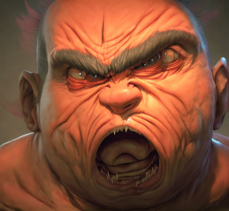 Angry 3D-rendered character with red mohawk and scowl