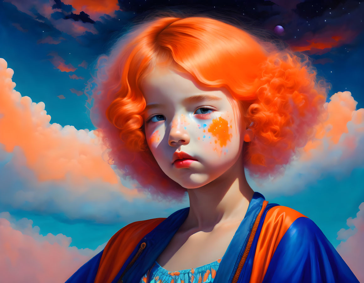 Digital painting: Young girl with orange hair under blue sky