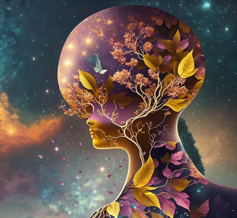 Transparent head filled with trees, leaves, and cosmos: surreal profile blending nature and universe