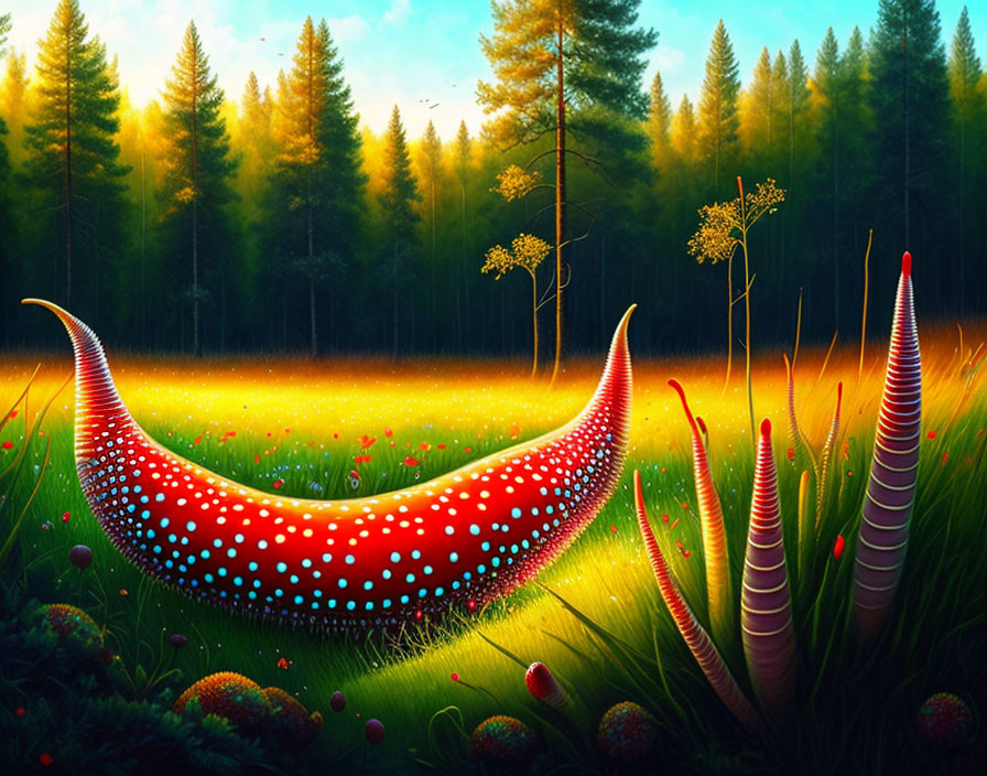 Vibrant surreal artwork: whimsical forest with glowing slug-like creatures