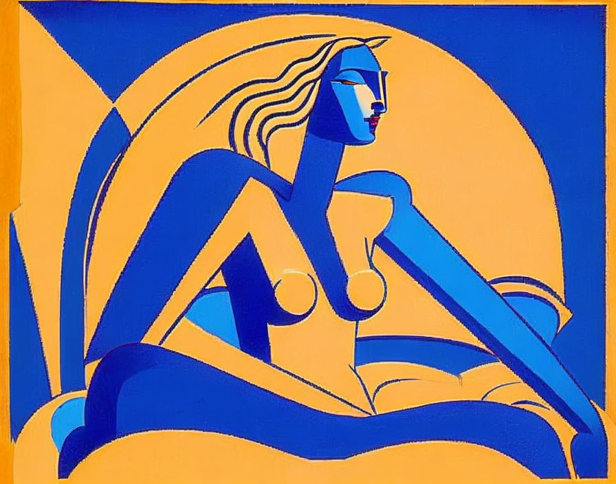 Stylized graphic artwork: Blue figure with long hair against yellow circular backdrop