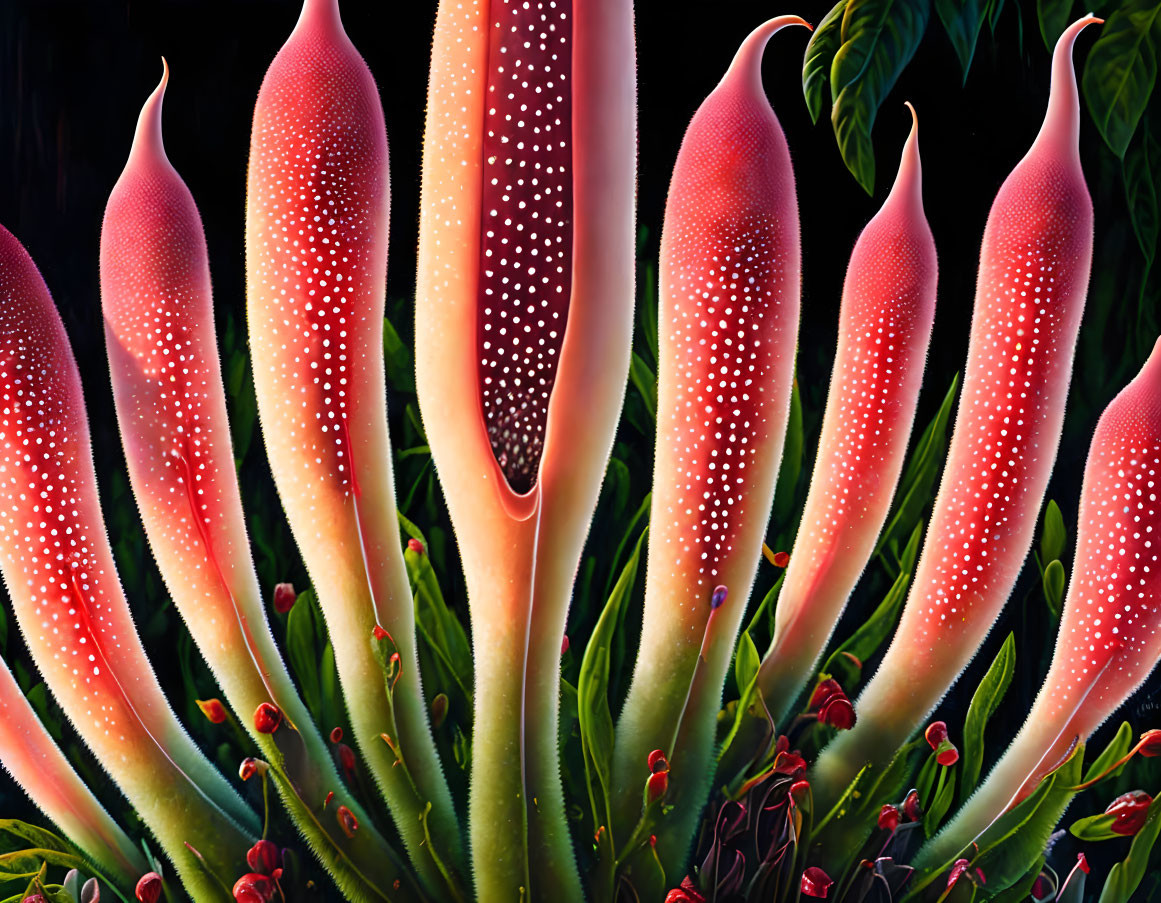 Colorful painting of red-tipped plants on dark background with green foliage.