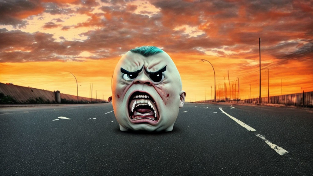 Digital artwork: Angry face on deserted road at sunset, orange sky