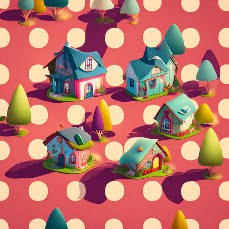 Whimsical colorful houses illustration on pink background