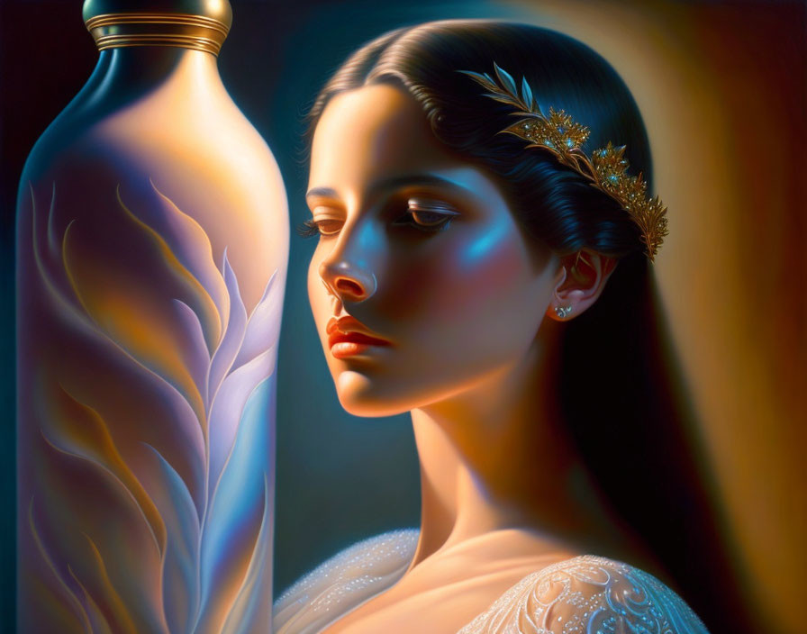 Serene woman with golden headpiece beside ornate glass bottle in warm lighting