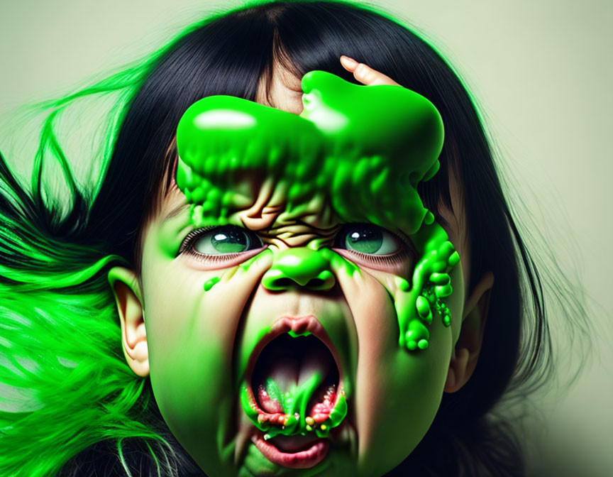 Child with angry green slime face paint dripping