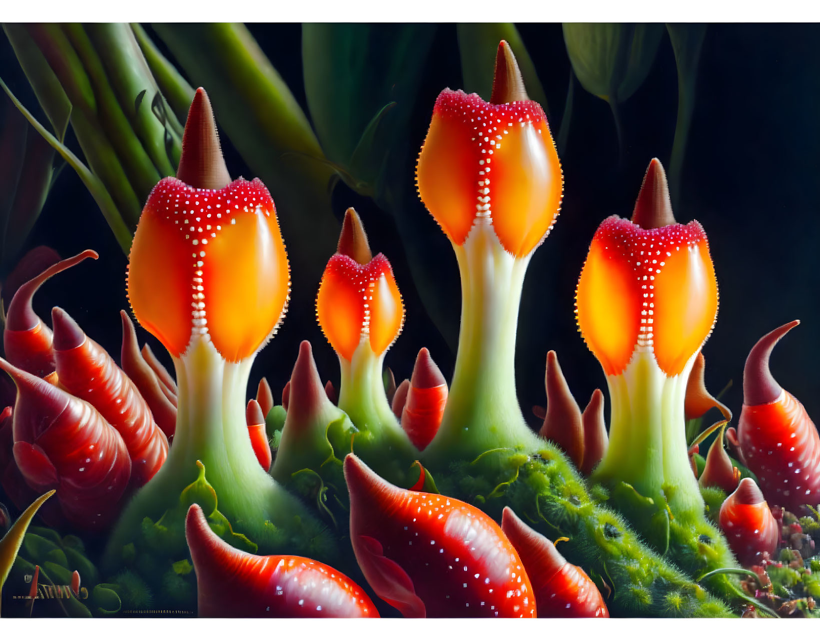 Vibrant red tulip-like flowers with white dots on dark background