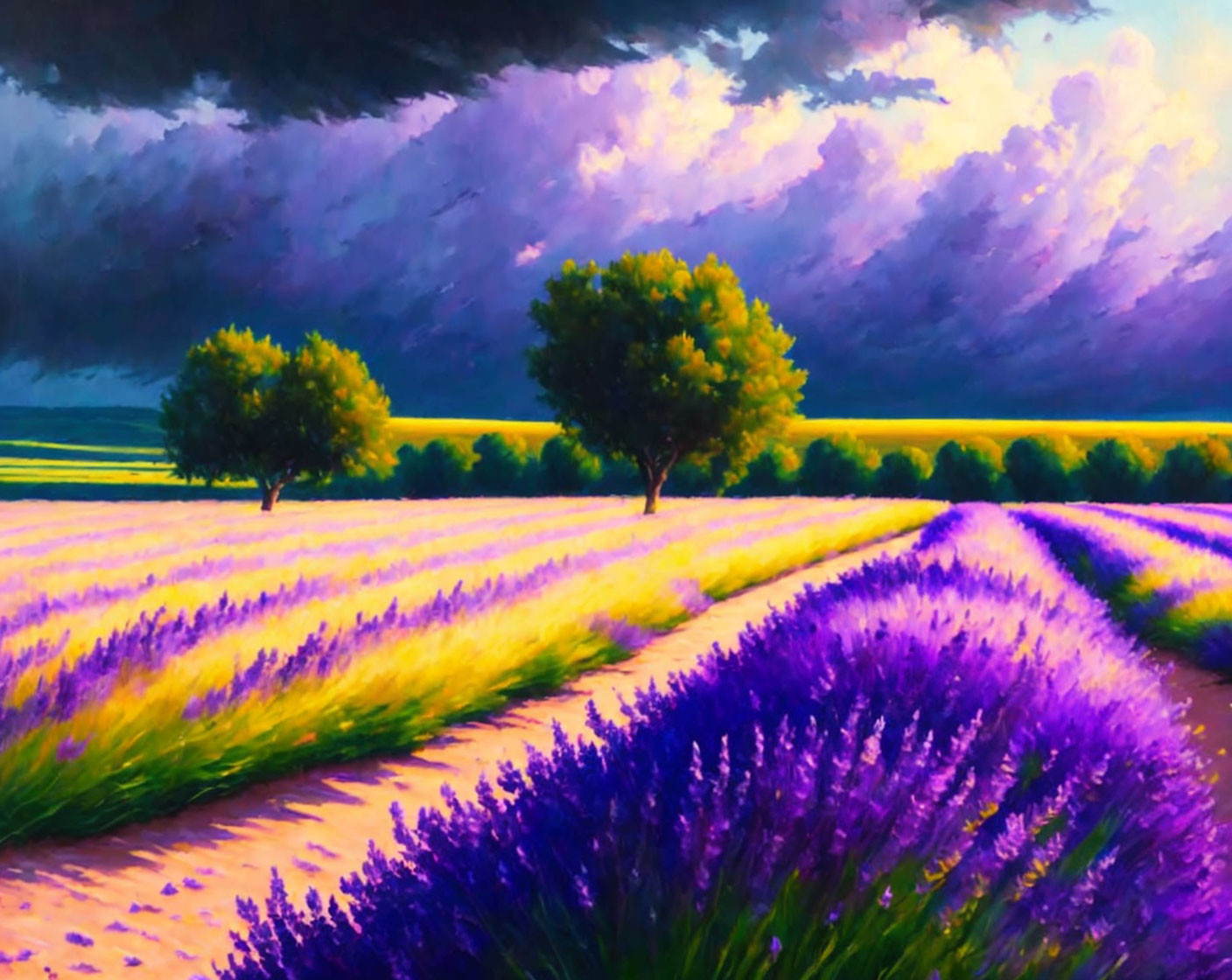 Lavender field painting with stormy sky, trees, and path