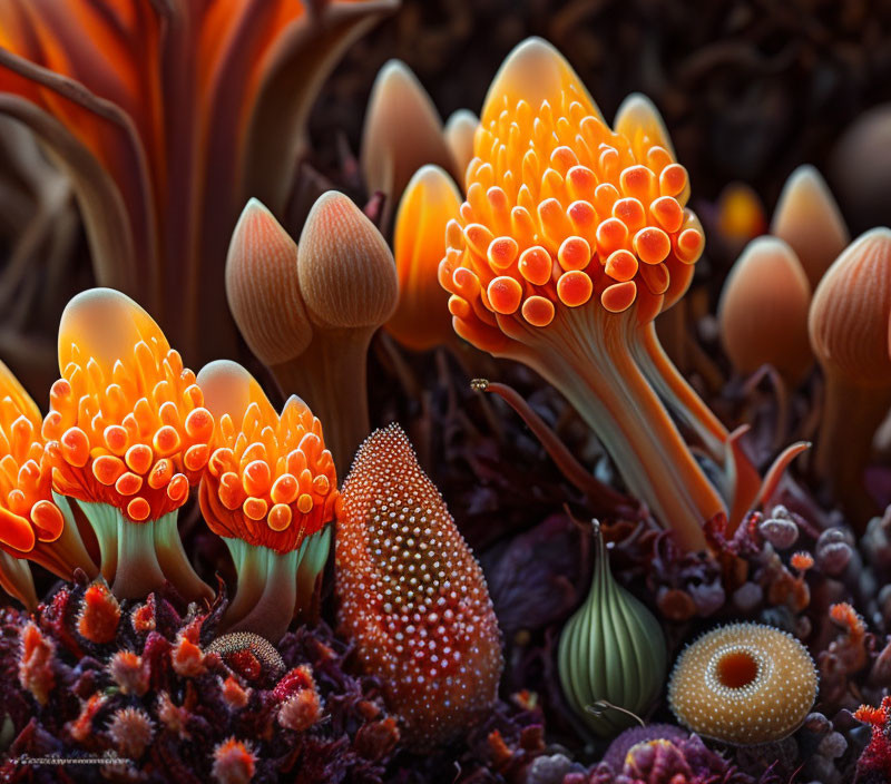 Colorful Sea Anemones with Orange Tips and Marine Life Textures