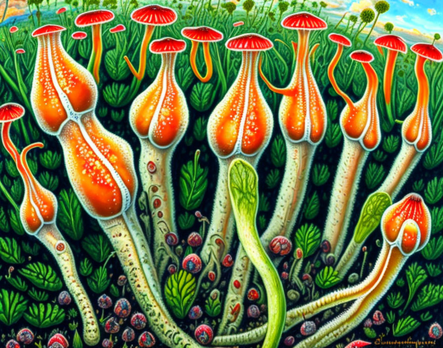 Colorful psychedelic painting of oversized mushrooms & plant life in intricate patterns & vivid colors, depicting a lush