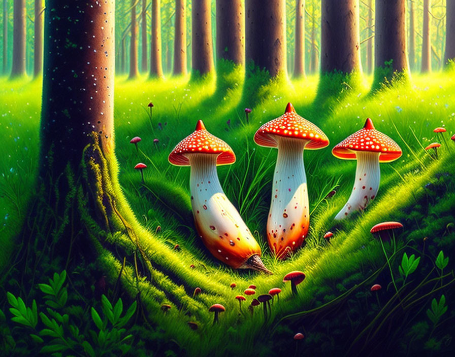 Lush green forest with sunlight and red-spotted mushrooms