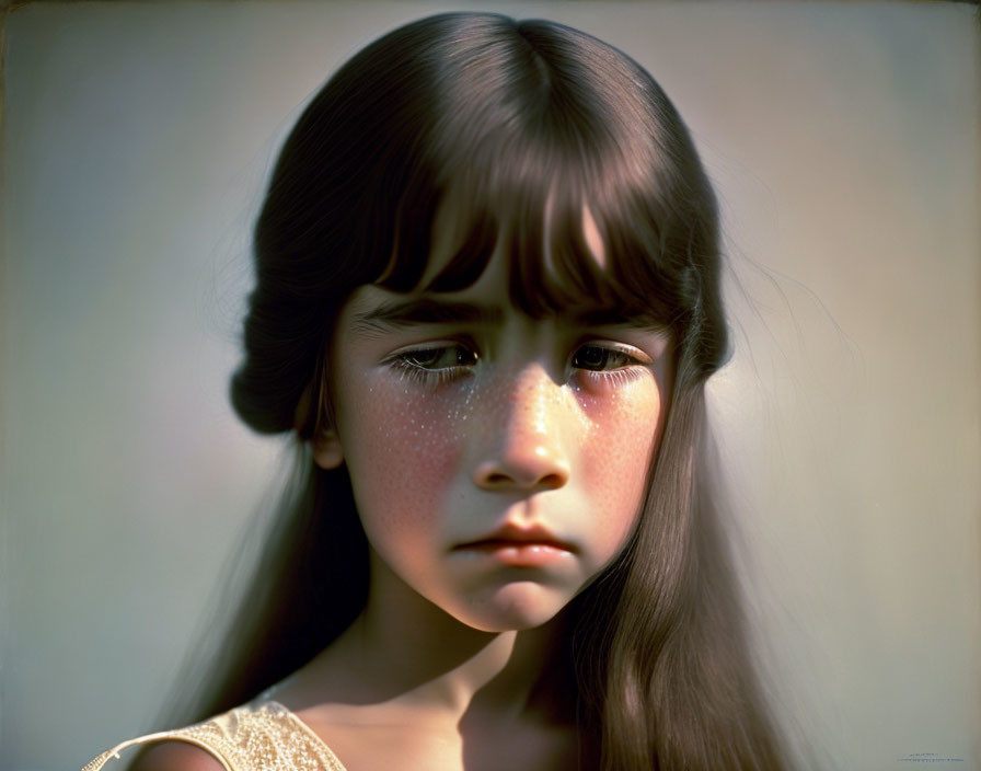 Young girl with expressive eyes, freckles, and long brown hair with bangs gazes into