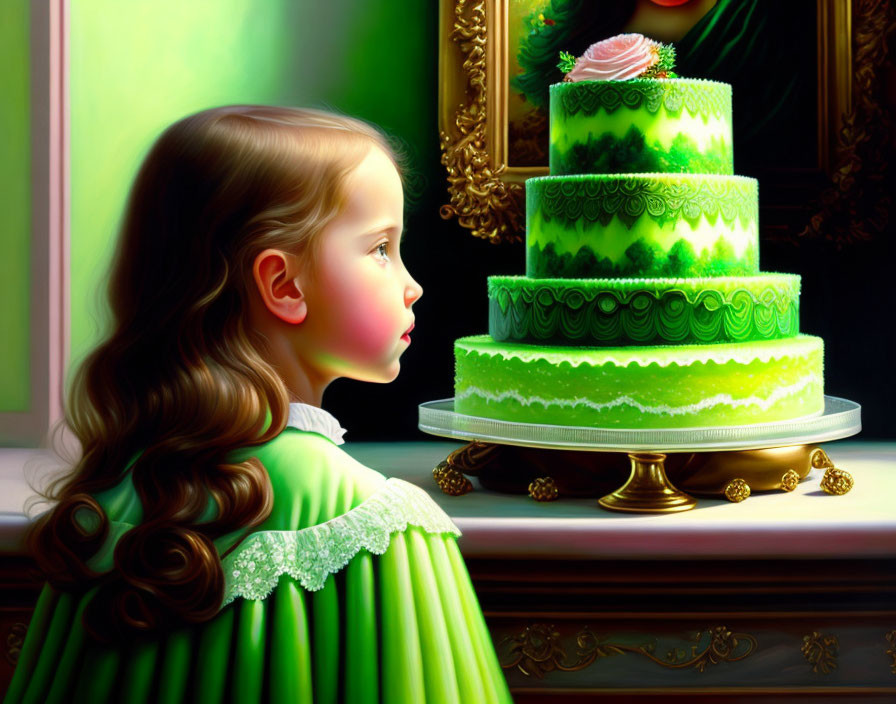 Young girl in green dress admires large ornate three-tiered cake